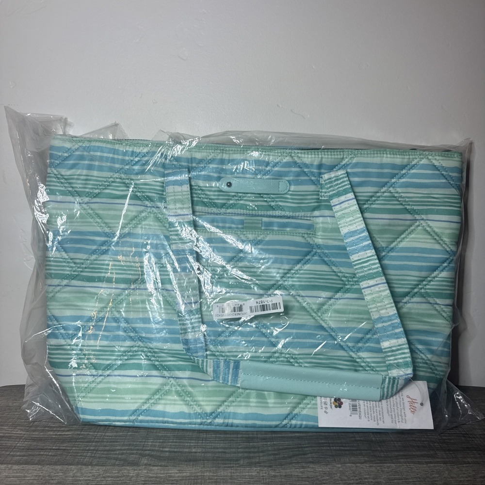 Lug Skyliner 2 Tote Bag Aqua Blue Green Wave Stripe NWT RFID Travel Trolley